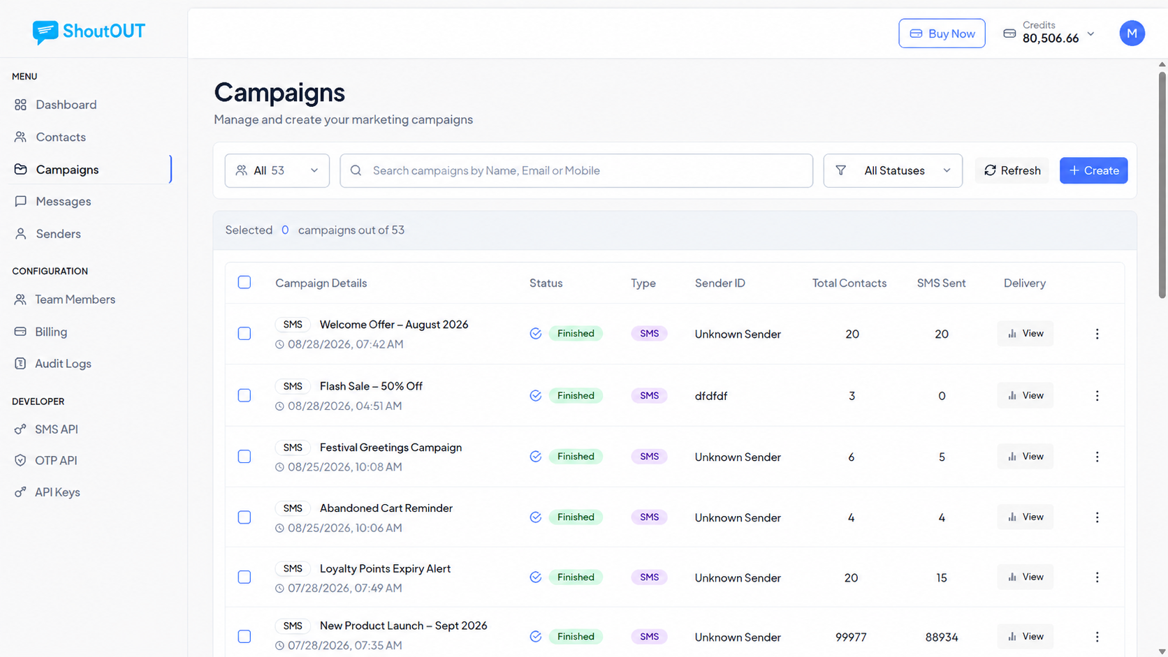 Campaigns page in ShoutOUT Engage with the Create button highlighted