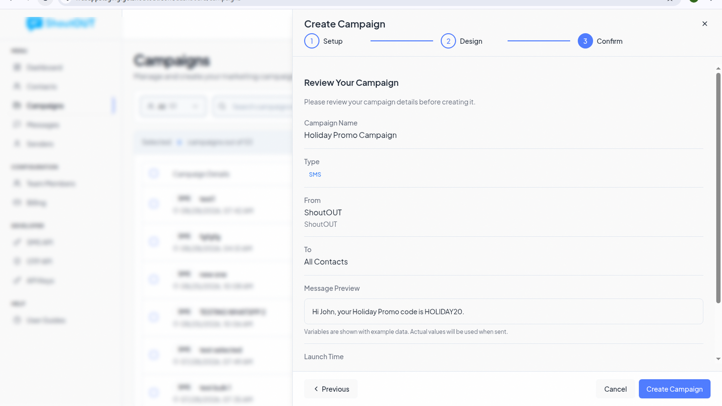 Confirm step in ShoutOUT Engage showing the review summary with sender, audience, message, and schedule