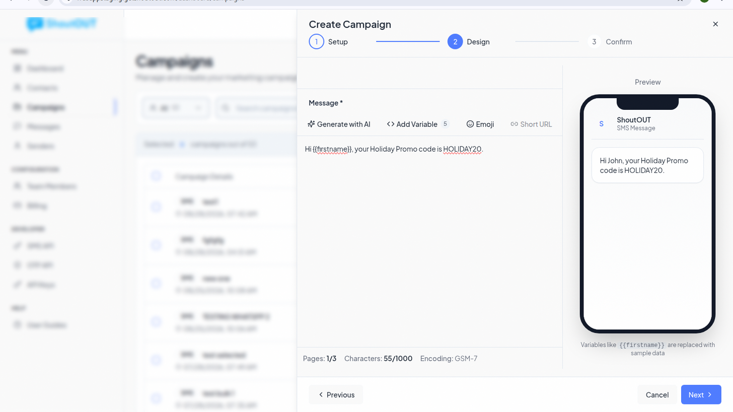 Design step in ShoutOUT Engage with the message editor and live preview panel