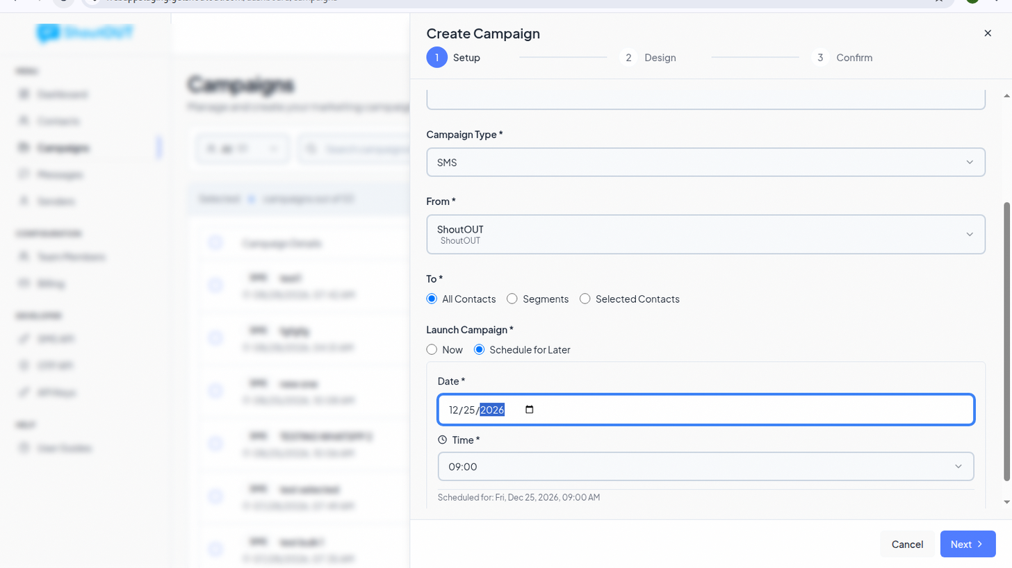 Setup step in ShoutOUT Engage showing the audience toggle and Schedule for Later date/time picker